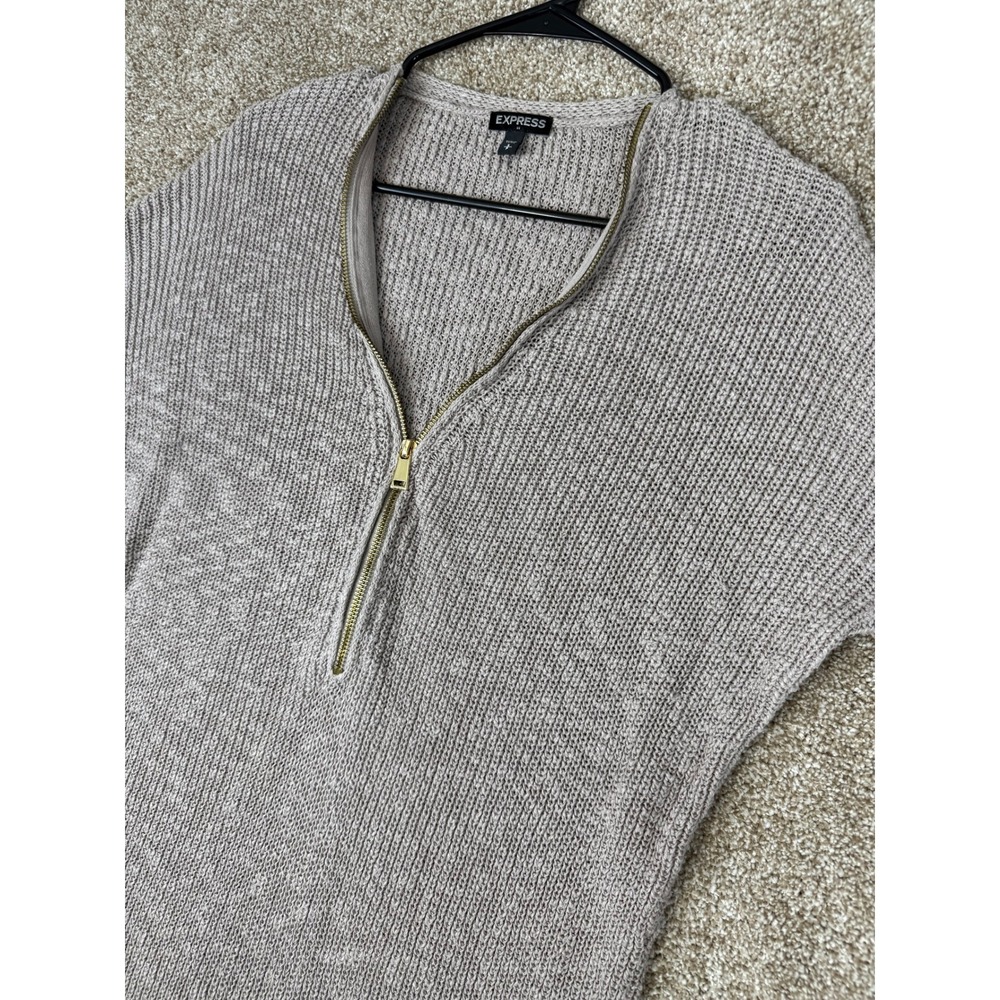 Express Womens Taupe Cotton Shaker Knit Quarter Zip Dolman Sweater Small Grandma